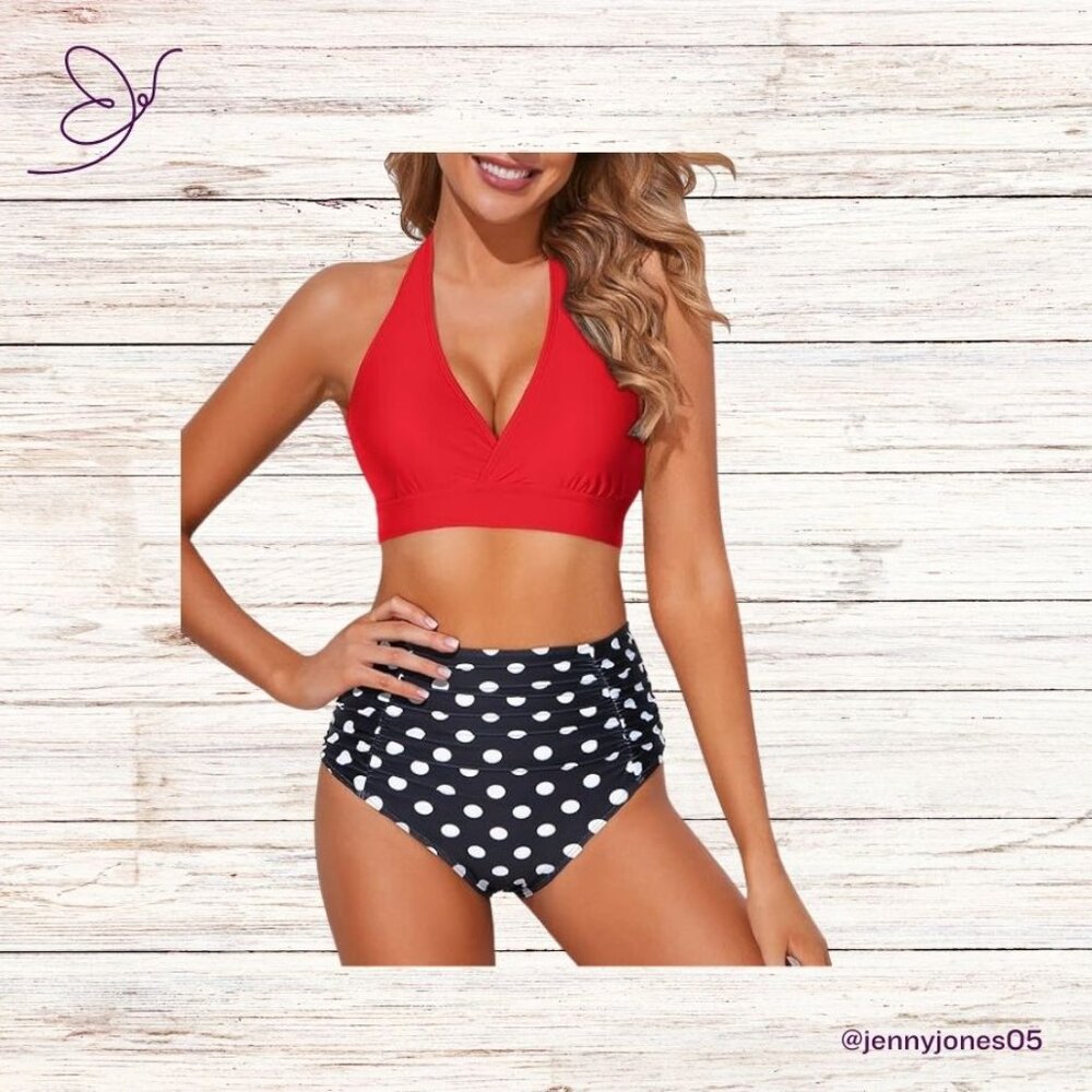 Tempt Me Red/Black/White Polka Dot Two-Piece High Waist Swimsuit-NWT-Size XL